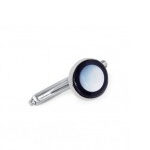 A silver magnifying glass with a black rim.