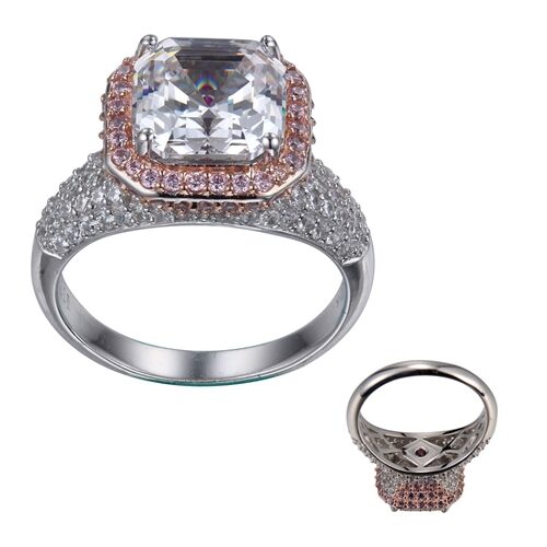 Elegant two-tone diamond engagement ring with a large center stone.