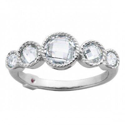 Elegant silver ring with five sparkling round diamonds.