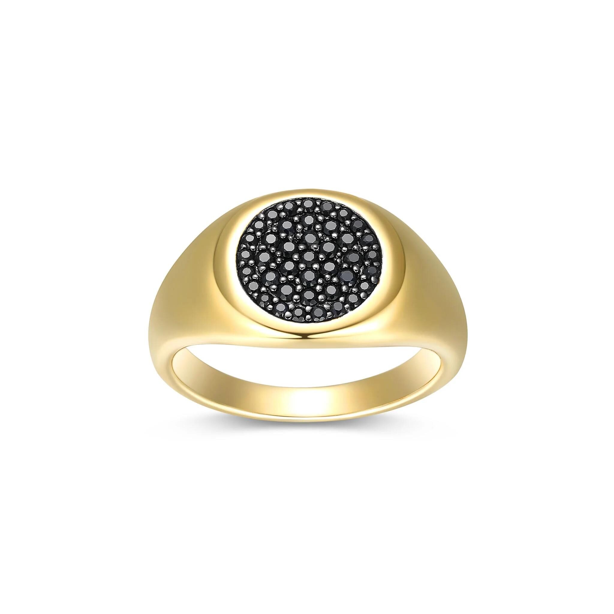Elegant gold ring with a black stone centerpiece.