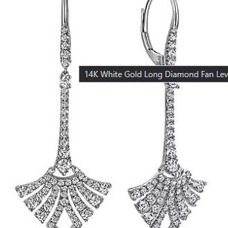 Elegant 14K white gold long diamond fan earrings with intricate design.