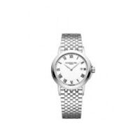 Elegant silver wristwatch with a classic design and metal link band.