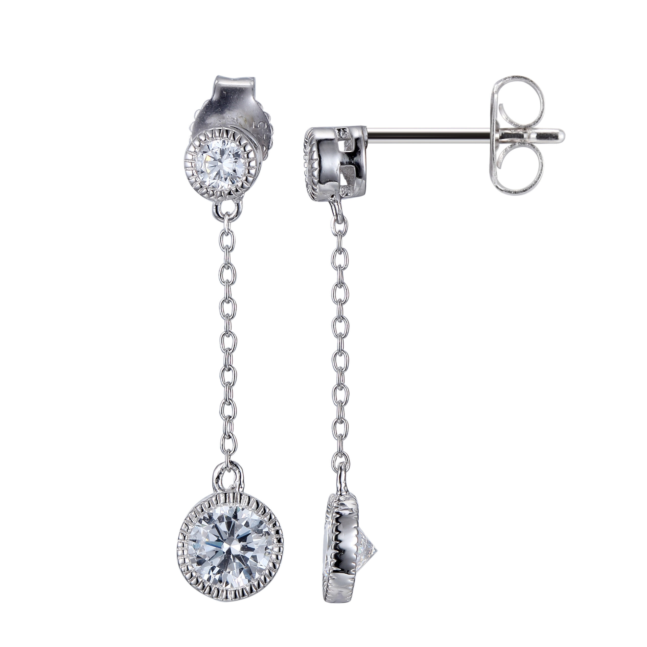 Elegant silver drop earrings with sparkling round stones.