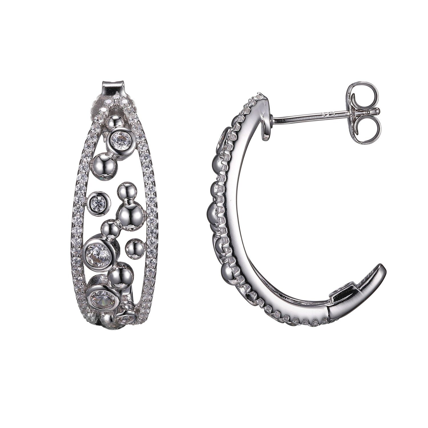 Elegant silver hoop earrings with floral and diamond accents.