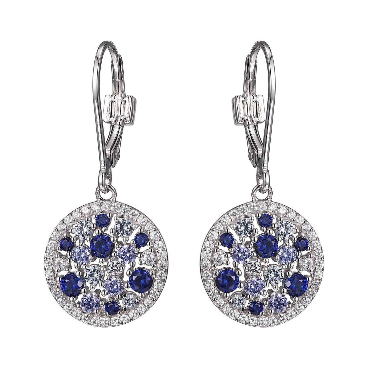 Elegant silver earrings with blue stones and clear crystals.