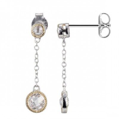 Elegant silver chain drop earrings with sparkling round gems.