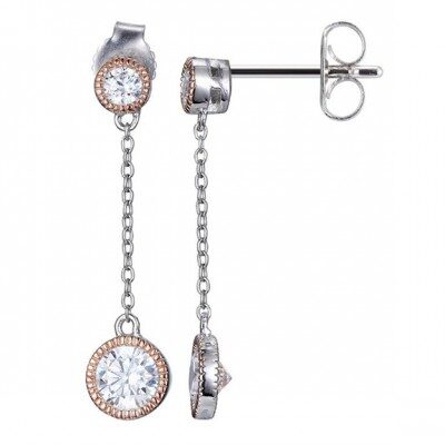 Elegant silver drop earrings with sparkling round gemstones.
