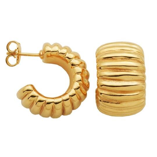 Pair of gold textured hoop earrings with ridged design.