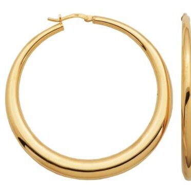 A pair of shiny gold hoop earrings with a smooth finish.