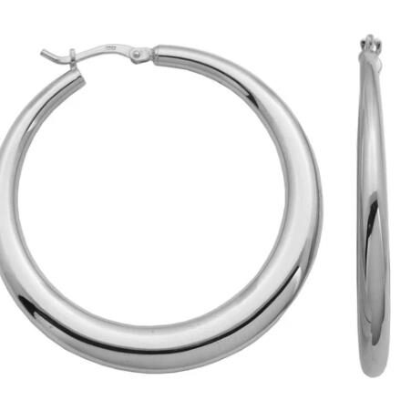 Shiny silver hoop earrings with a smooth finish.