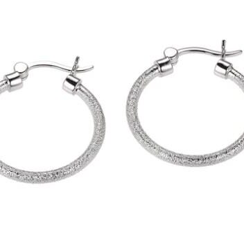 Pair of silver hoop earrings with a textured design.