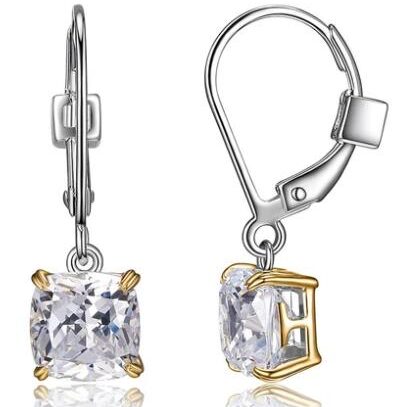 Elegant silver and gold earrings with square-cut clear gemstones.