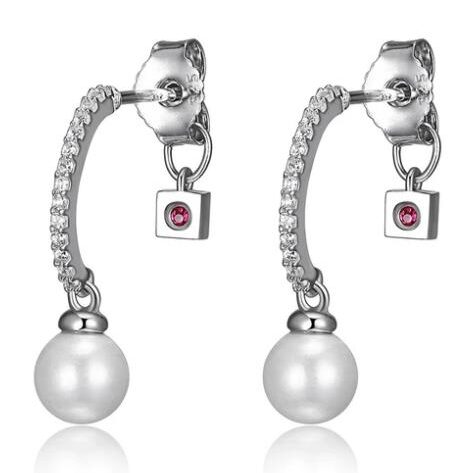 Elegant silver earrings with pearl drops and small red gems.
