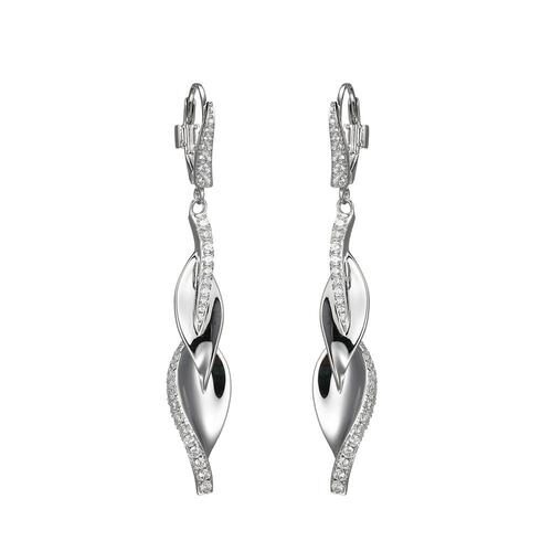 Elegant silver drop earrings with intricate design and small stones.