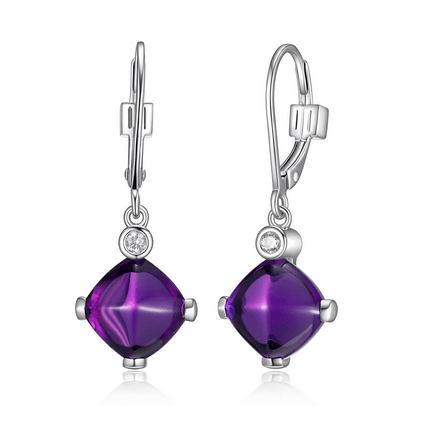 Elegant silver earrings with purple cushion-cut stones.