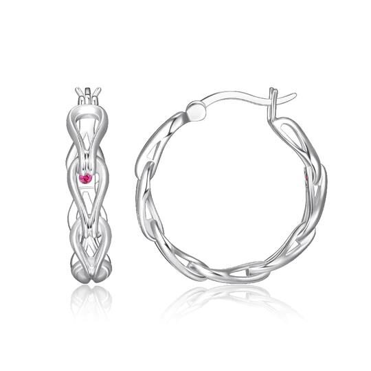 Intricate silver hoop earrings with a pink gemstone heart centerpiece.