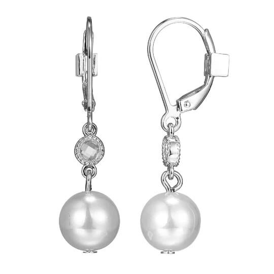 Elegant silver earrings with dangling white pearls.
