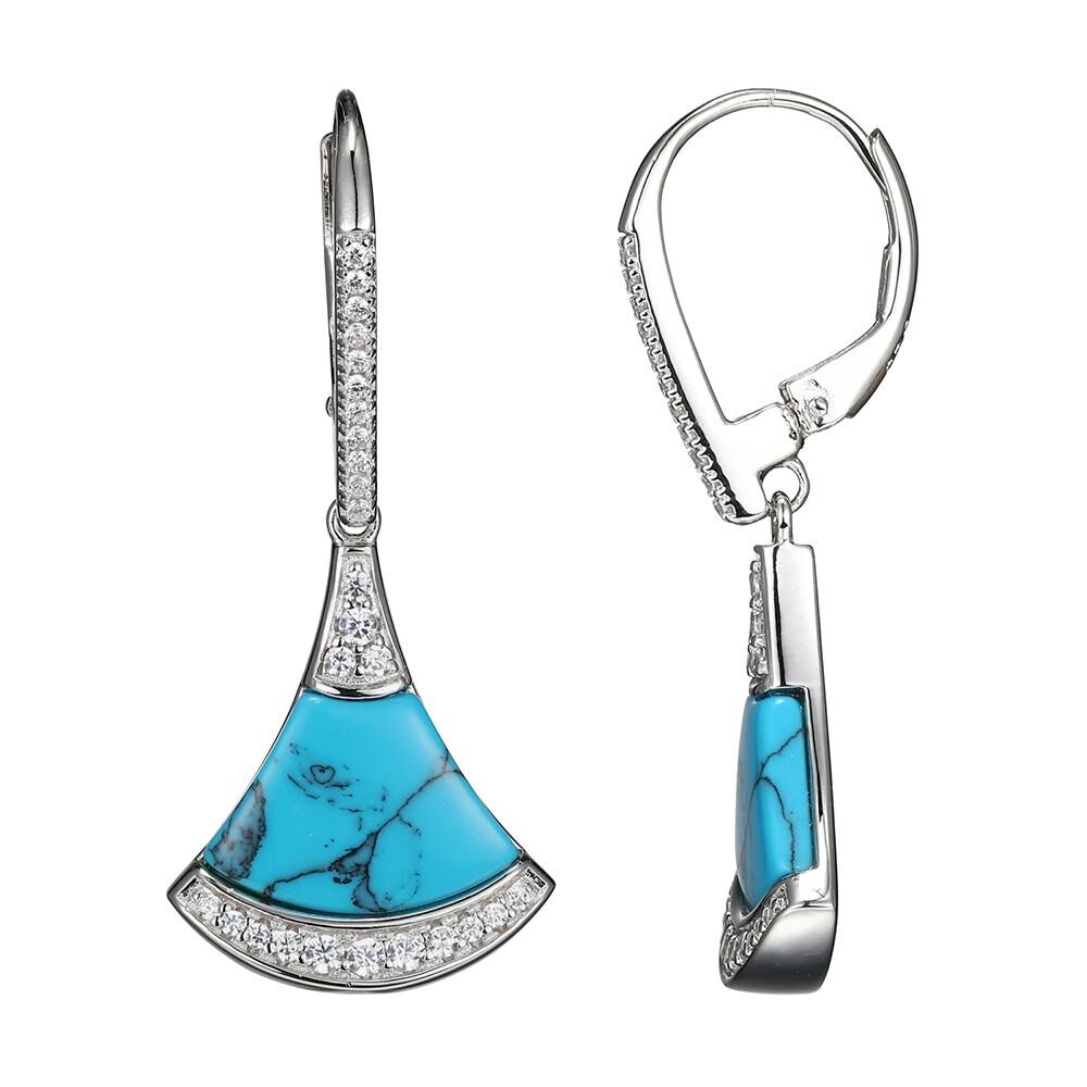 Elegant silver and turquoise axe-shaped earrings with diamond accents.