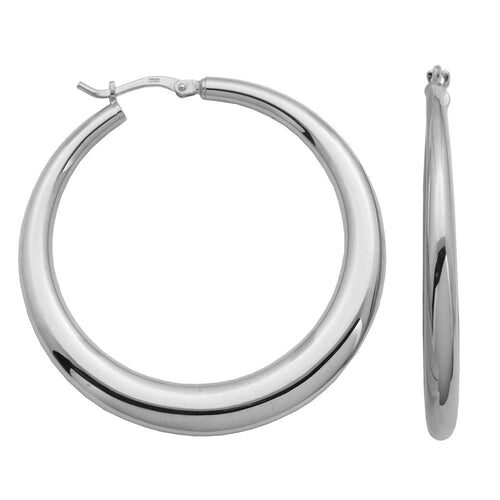Shiny silver hoop earrings with a smooth finish.