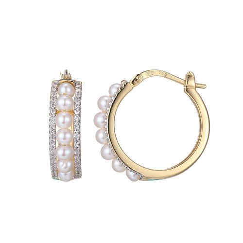 Elegant gold hoop earrings adorned with pearls.