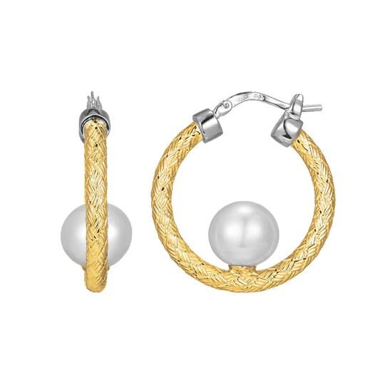 Elegant gold hoop earrings with a single pearl on each.