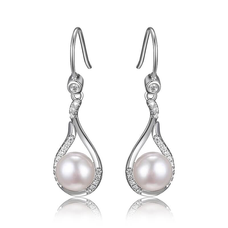 Elegant silver earrings with teardrop-shaped pearls.