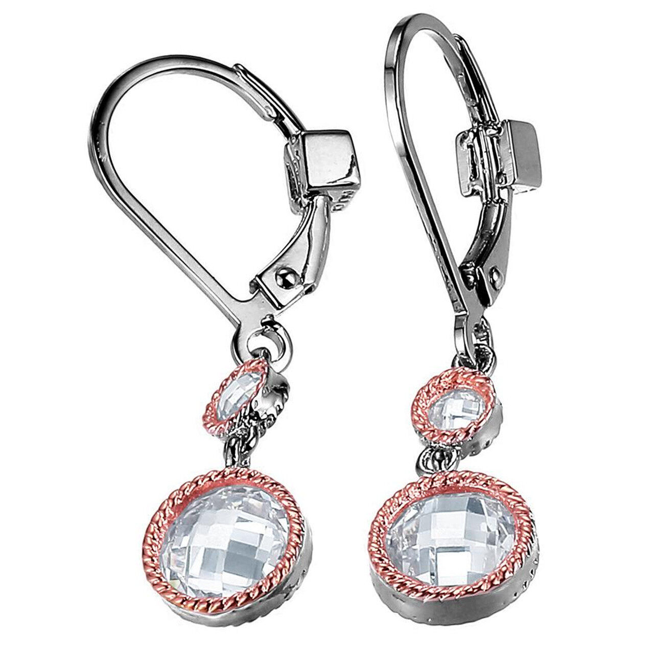 Elegant silver and rose gold drop earrings with sparkling oval crystals.