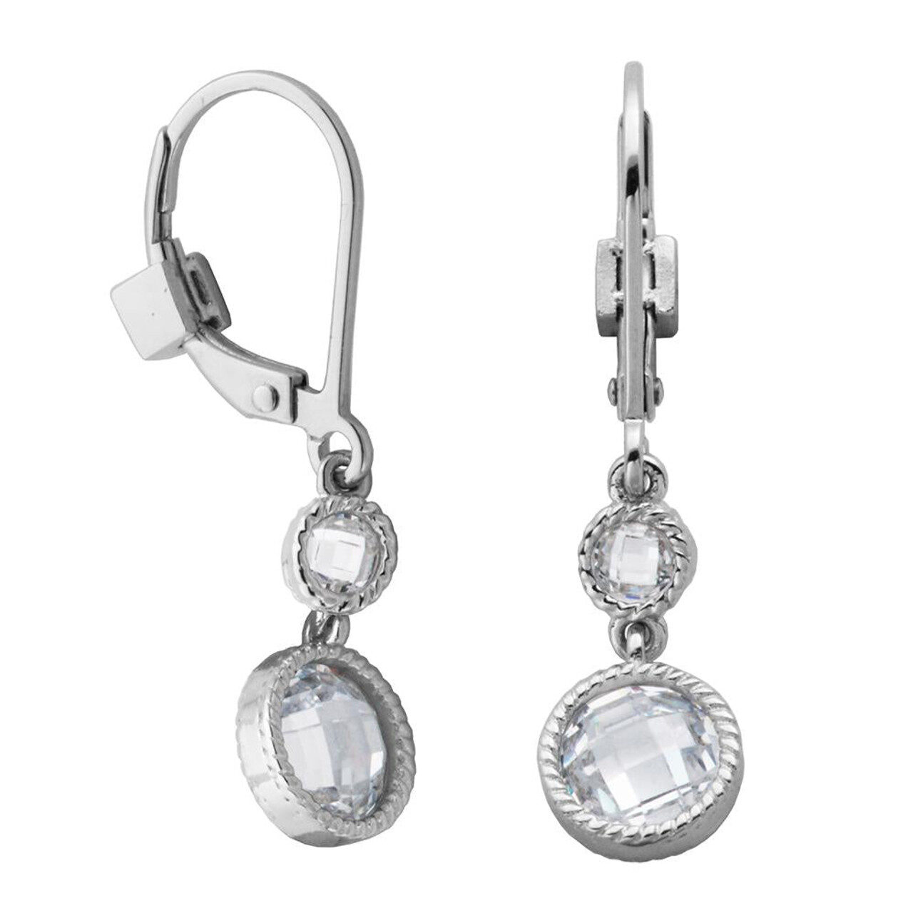 Elegant silver drop earrings with clear gemstone accents.