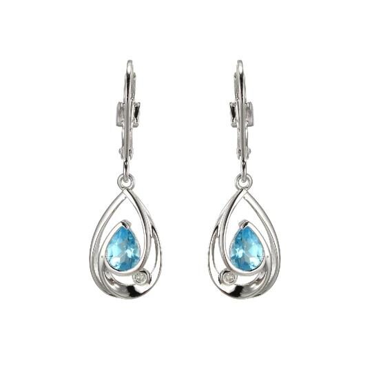 Elegant silver earrings with teardrop blue gemstones.