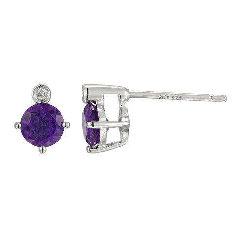 Single stud earring with a round purple gemstone in a silver setting.