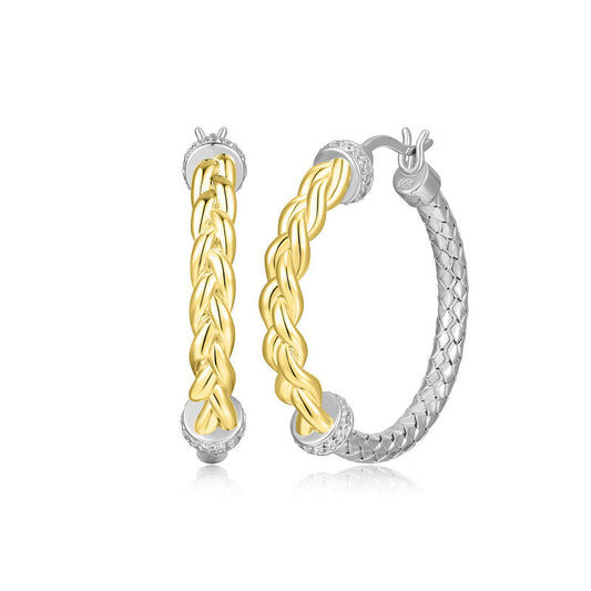 Elegant two-tone hoop earrings with gold and silver braided design.