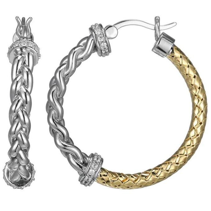 Intricate two-tone braided hoop earring with silver and gold elements.
