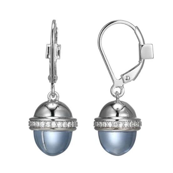 Elegant silver earrings with blue pearls and rhinestone accents.