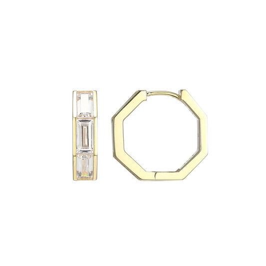 Pair of gold geometric hoop earrings with octagonal shape.