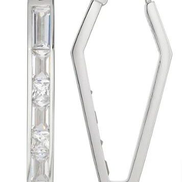 Pair of geometric silver earrings with embedded crystals.