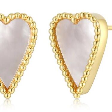 Elegant gold heart-shaped earrings with a mother-of-pearl inlay.