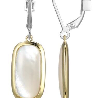 Elegant pearl drop earrings with gold trim and silver hooks.