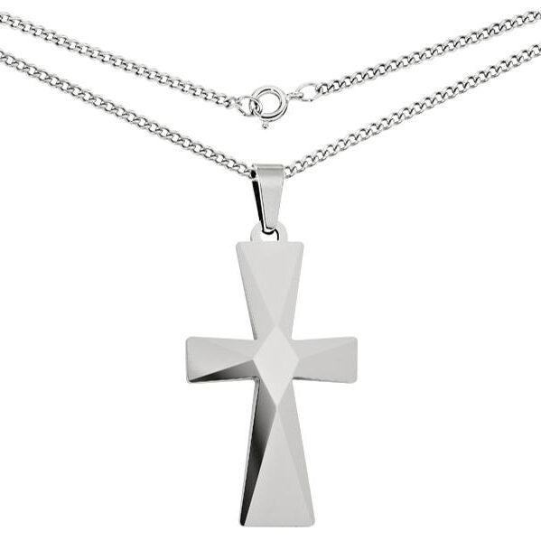 Shiny silver cross pendant on a delicate chain necklace.