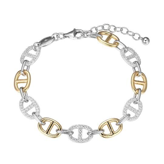 Two-tone metal bracelet with alternating gold and silver oval links.