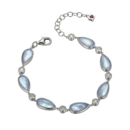 Elegant silver bracelet with blue oval beads and adjustable chain.