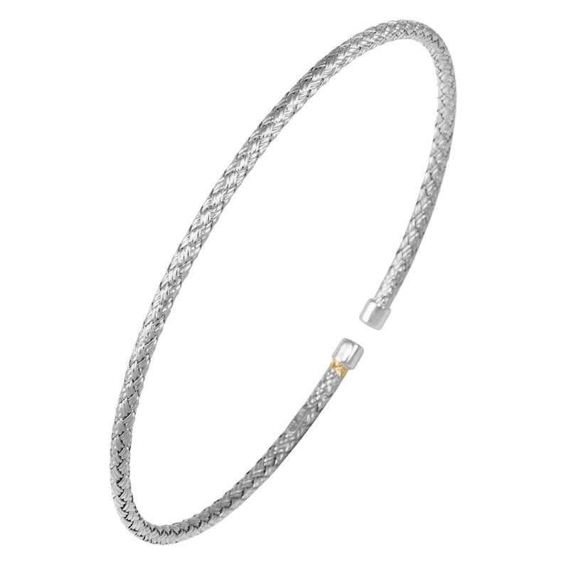 Elegant silver braided bangle bracelet with a clasp.