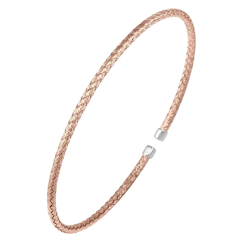 Elegant rose gold braided bracelet with a small silver clasp.