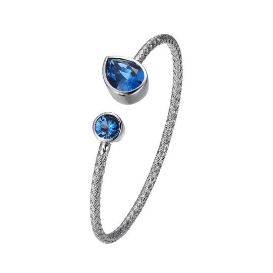 Elegant silver bracelet with blue gemstone accents.
