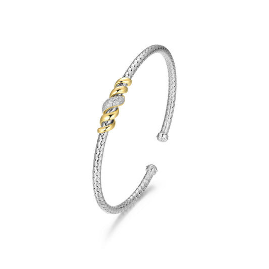 Elegant silver bracelet with gold accents and a floral design.