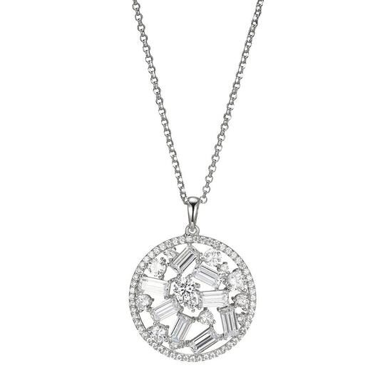 Elegant silver pendant necklace with a detailed circular design.