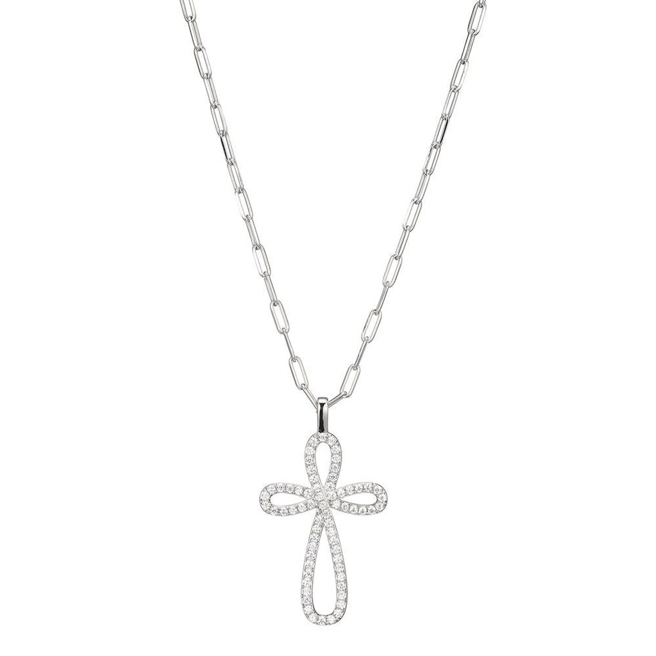 Elegant silver cross pendant on a delicate chain necklace.