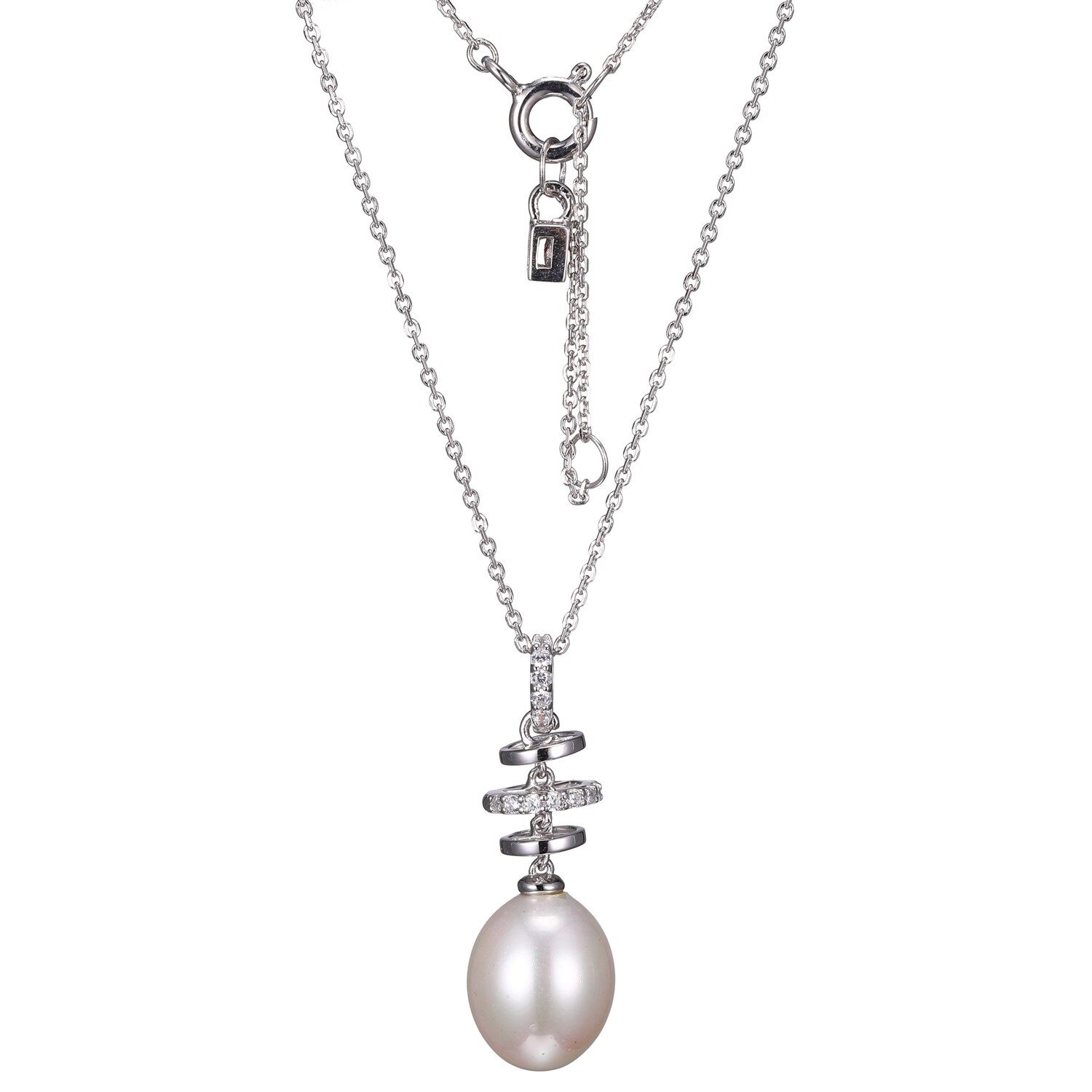 Elegant silver necklace with a pearl pendant and a small charm.