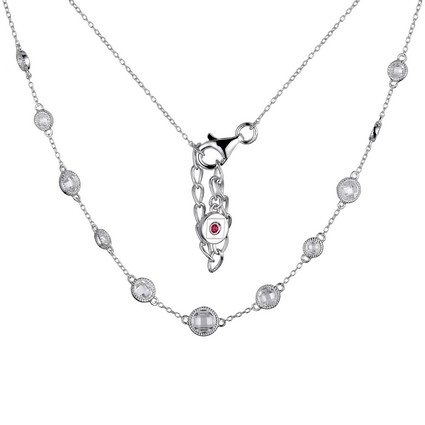 Elegant silver necklace with round diamond accents.