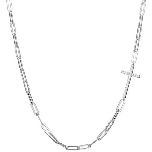 Silver chain necklace with elongated links and a small cross pendant.