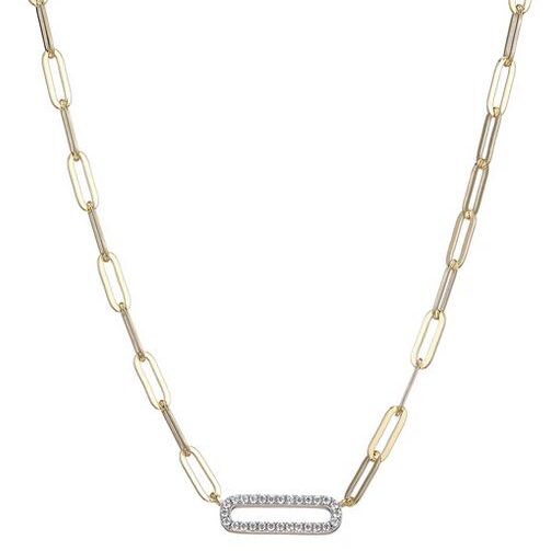 Elegant gold chain necklace with a rectangular pendant.